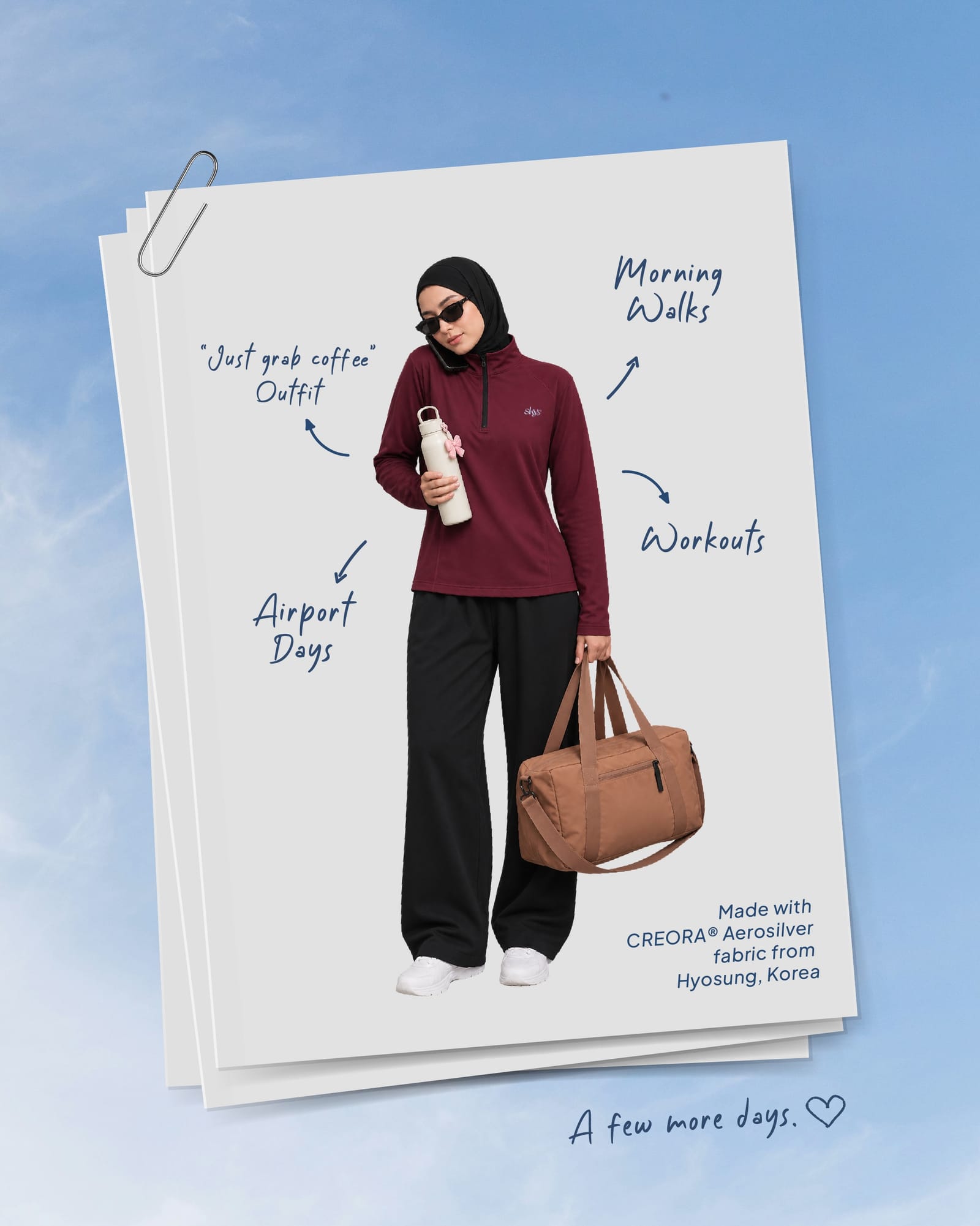 One outfit, annotated — morning walks, workouts, airport days, grab-coffee runs
